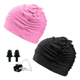2 Women's Swimming Caps with 1 Nose Clip and 1 Pair of Ear Plugs, Elastic Swimming Cap, Swimming Cap for Adults, Swimming Accessories
