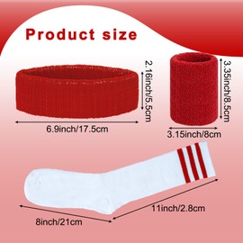 Sucrain 5 Pieces Striped Sweatbands and Socks Set, Sports Sweatbands Wrist Sweat Bands Red&White High Tube Socks 80s Accessories Costumes Christmas for Men Women (Red)