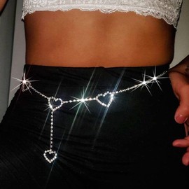Zookey Rhinestone Waist Chain Sparkly Crystal Heart Body Chain Silver Nightclub Rave Body Chain Jewellery for Women and Girls