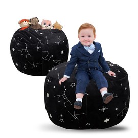 Stuffed Animal Storage, Bean Bag Chair Cover - 2 in 1 Organization Bag for Kids Toy Storage & Bean Bag Chair Cover (NO Beans) for Kids Teens, Zipper Opening, Soft Velvet, X-Large (34" Black)