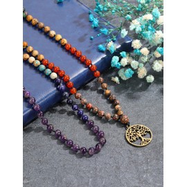 Jovivi 7 Chakra Healing Crystals Gemstones Beaded Necklace for Women,Tree of Life 108 Mala Beads Meditation Prayer Necklace Jewellery Spiritual Gifts for Women