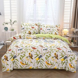 URBONUR 100% Cotton Percale Duvet Cover Set Queen Size 3 PCS Soft Breathable Botanical Bedding Set Green Leaves and Birds Printed on White Duvet Cover, Corner Ties Button Closure