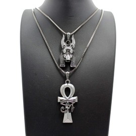 BLINGFACTORY Hip Hop Black Egyptian Anubis, Ankh Pendant & 24",30" Box Chain 2 Necklace Set
