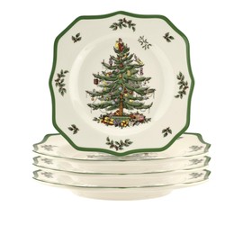 Spode Christmas Tree Scalloped Dinner Plates Set of 4 | Christmas Dinner Dishes | Fine Earthenware | Holiday Large Plates | Dishwasher and Microwave Safe | 10.5-inch