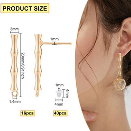 BENECREAT 16Pcs Real 18K Gold Plated Brass Stud Earring Findings, Bamboo Shape Earring Finding Plugs with 40Pcs Plastic Ear Nuts for Earring Making Supplies