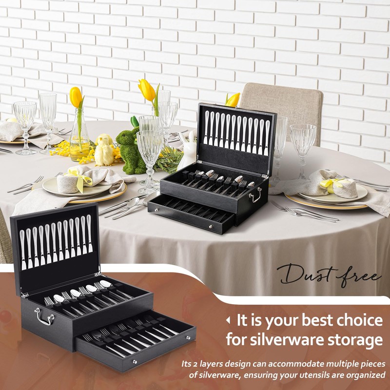 DoubleFill 2 Layer Leather Silverware Storage Box with Lid Drawer