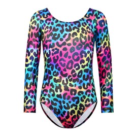 Nokecina Gymnastics Leotards for Girls Size 10-12 Years Old Black Rainbow Leopard Quick Dry Long Sleeve Bodysuit