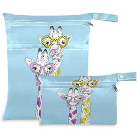 visesunny Funny Giraffes in Funky Glasses 2Pcs Wet Bag with Zippered Pockets Handle Washable Reusable Roomy for Travel,Beach,Pool,Daycare,Stroller,Diapers,Dirty Gym Clothes