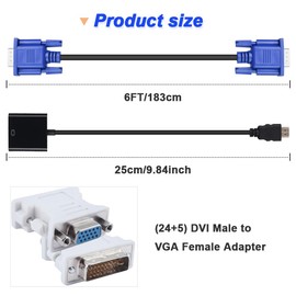 Xiatiaosann VGA to VGA Cable 6 FT, 1080P Full HD VGA Male to VGA Male High Resolution Monitor Cable for Computer, PC, Laptops, TV, Projector, With DVI to VGA Adapter, HDMI to VGA Adapter (4 Pack)