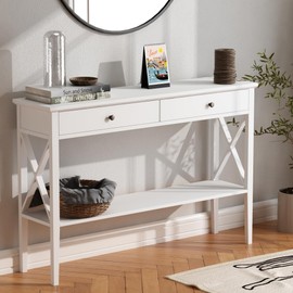 ChooChoo 47" Console Table with Drawers, Narrow Wood Accent Sofa Table Entryway Table with Storage Shelf for Entryway, Front Hall, Hallway, Living Room, White