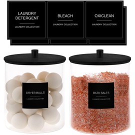TIPGO Glass Jars for Laundry Room Organization, Laundry Pods Container with 27 Labels, Detergent Holder with Bamboo Lid, Cute Storage Jars, Black (Set of 2)
