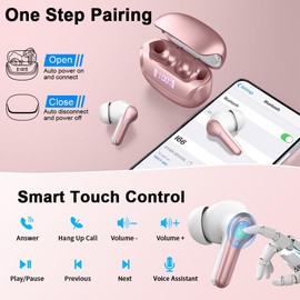 Nerunsa Wireless Earbuds, Bluetooth 5.4 Headphones with 4 ENC Noise Cancelling Mic, 45Hrs Playtime Bluetooth Earphones HiFi Stereo Deep Bass, in Ear Earbuds IP7 Waterproof, Wireless Headphones Pink