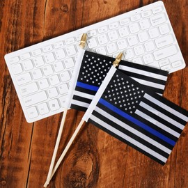 12 Pack Thin Blue Line Police Small Mini American Flag on Wooden Stick Police Honoring Law Enforcement Officers Flags (12pack)