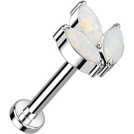 Covet Jewelry Titanium Threadless Push in Labret, Flat Back Stud with 3-Marquise CZ or Opal Set Sprout Top (Steel/Opal White)