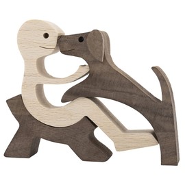 BOBO BIRD Wooden Dog Cat Family Statue, Handmade Wood Decoration, Cute Puppy, Kitty and People Statue Sculpture Ornament Collectible Figurine Craft Arts for Home, Office, Living Room (Men+Puppy（S）)