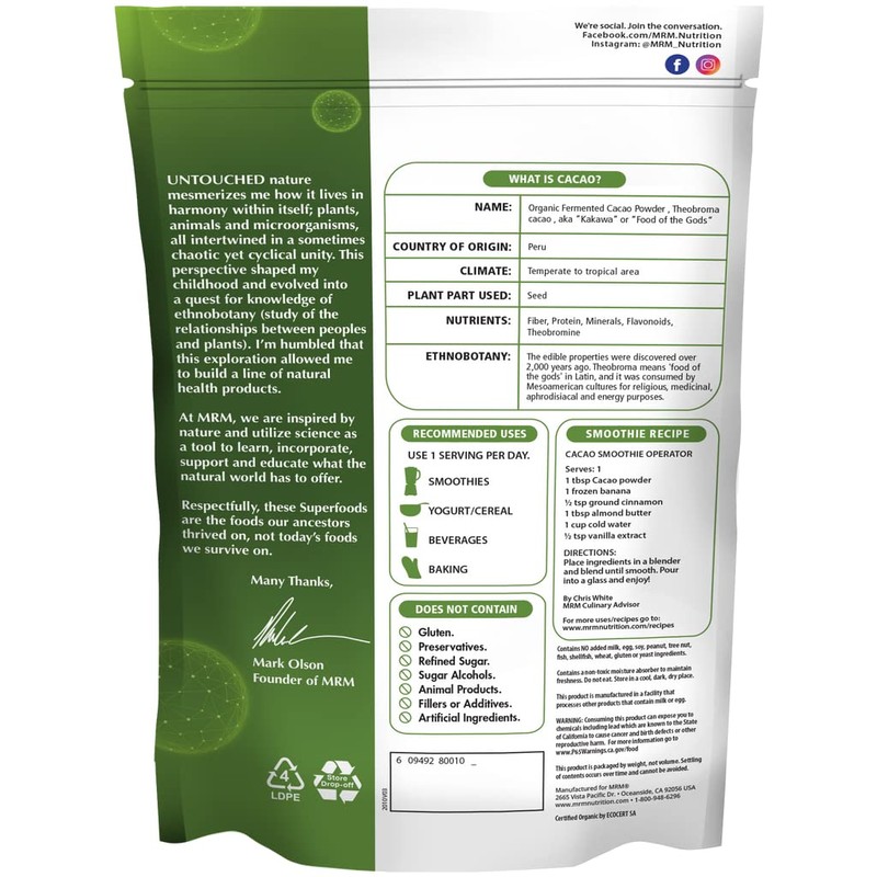 MRM Nutrition Organic Fermented Cacao Powder | Superfood | Antioxidant-rich