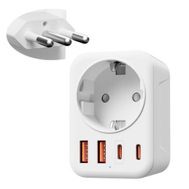 Denlane Adapter Italien Steckdose, 5 in 1 Reiseadapter Italien mit 1 AC & 2 USB-C & 2 USB-A(3.4A), 3-Polig Italien Stecker Adapter für Chile, Uruguay, Äthiopien, Eritrea, Syrien, Reisestecker Typ L