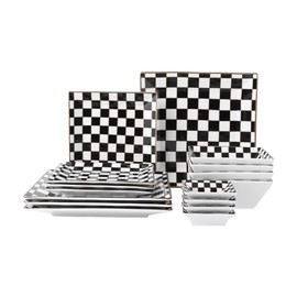 Porlien Checker Porcelain Square Dinnerware Set for 4, Dishes Set for 4 with 3.3-inch Dipping Saucers, Black and White Plates and Bowls Set
