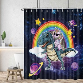 Unicorn Dinosaur Shower Curtain Fantasy Galaxy Planet Starry Funny Kids Bathroom Decor Cool Cute Rainbow Abstract Animal Mystery Children Shower Curtains Waterproof Fabric with Hooks, 72''x72''