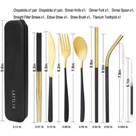 Lattliv Juego de cubiertos portátiles de viaje, 8 piezas, reutilizables, de acero inoxidable, incluye tenedor, cuchillo, cuchara, palillos, filtro, popotes, cepillo para polvo de limpieza seguro con funda (rojo dorado) 1
