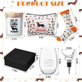 Reallnaive 5 Pcs Dachshund Lover Christmas Funny Gifts Women Wiener Dog Gifts Set Including Dachshund Themed Candles,wine Glasses,bottle Stoppers,makeup Bags for Dachshund Lovers Christmas Stuff Gifts
