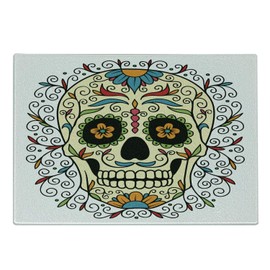 Ambesonne Sugar Skull Cutting Board, Catrina Calavera Featured Figure Ornaments Macabre Remember the Dead Theme, Decorative Tempered Glass Cutting and Serving Board, Small Size, Multicolor