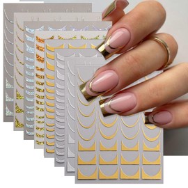 8 Sheets French Tip Nail Art Stickers Decals 3D Self-Adhesive Gold Silver French Lines Nail Decals Glitter Curve Lines Design Nails Art Supplies for Women DIY Manicure Decorations