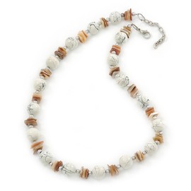 Avalaya White Ceramic Bead, Beige Shell Nugget Necklace In Silver Tone - 44cm Long/ 4cm Ext