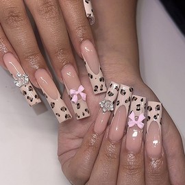Press on Nails Medium Leopard Print False Nails Artificial French Edge Coffin Bow Full Cover Nails Acrylic Coffin Nails Reusable Glue on Nails DIY Stick on Nails for Women 24Pcs