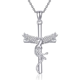 SLIACETE 925 Sterling Silver Phoenix Cross Necklace for Women Cubic Zirconia Rising Phoenix Necklace Jewelry Gifts