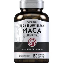 Piping Rock Maca Root Capsules for Women and Men | 4800mg | 150 Powder Pills | Red, Yellow, and Black | Non-GMO, Gluten Free Supplement