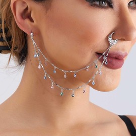 Atentuyi Boho Nose Ring Chain To Ear Silver Double Dangle Nose Hoop Septum Nose Cuff No Piercing Punk Evil Eye Drop Mini Ball Stud Earrings Indian Belly Danc Nostril Jewelry for Women and Girls