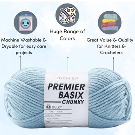 Premier Basix Chunky Knitting Yarn Sky 1145-28 (3-Pack) Same Dye Lot Chunky Bulky #5 Soft 100% Acrylic Bundle with 1 Artsiga Craft Bag