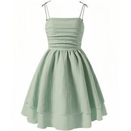 Ohrwurm Summer Dresses for Teens, Girl's Smocked Ruched A Line Swing Dress Layered Tie Shoulder Flowy Cami Sundress Green 12Y