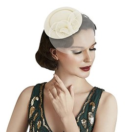 Fascinator Hats 20s 50s Hat Hair Clip Accessory Headband Headpiece with Veil Cocktail Tea Party Wedding Church Hair Accessories Headpiece for Girls and Women, White-1