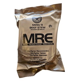 Genuine USGI Individual MRE [Meal, Ready to Eat] Inspection Date 01/2024 or Newer - You Choose Menu - Complete Ration with Entree, Snacks, Dessert, Drink Mix, Utensils, Condiments and FRH. (#9 Beef Stew)