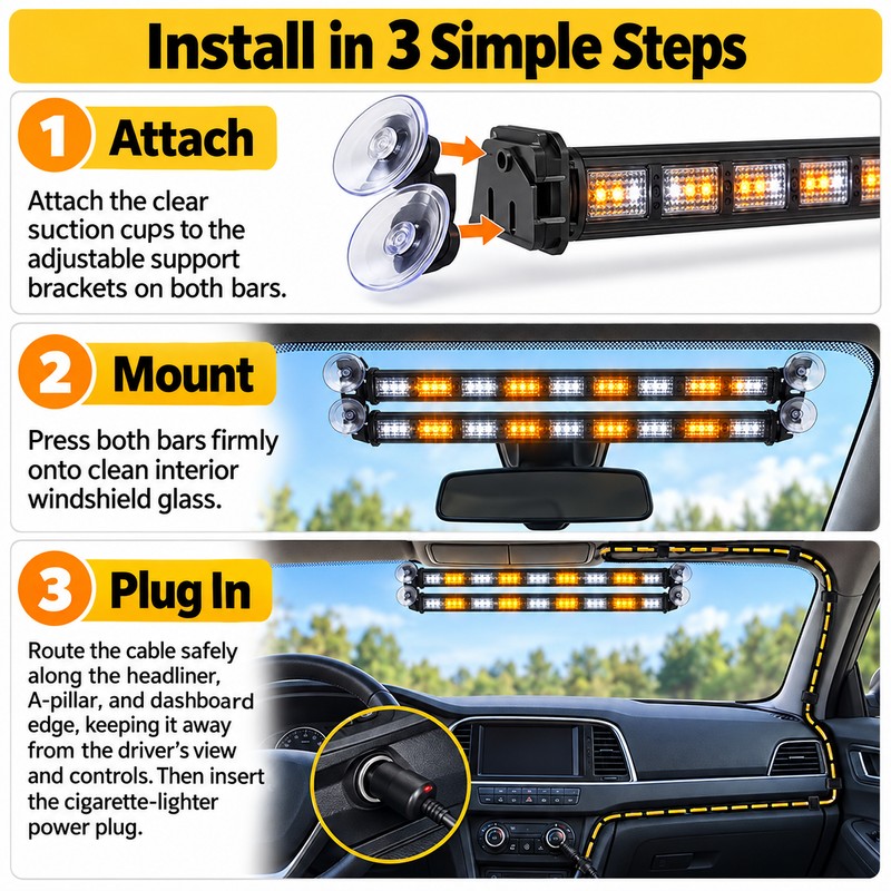 162 LED Dual Car Windshield Strobe Warning Light Bars, 12–24V