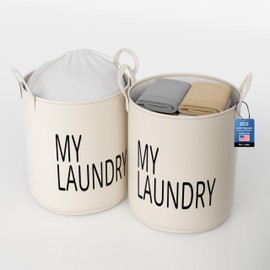 Yikko 2-Pack Large Laundry Basket, Waterproof Freestanding Laundry Hamper, Canvas Large Storage Baskets for Kids Boys and Girls, Office, Bedroom, Clothes,Toys (White-25)