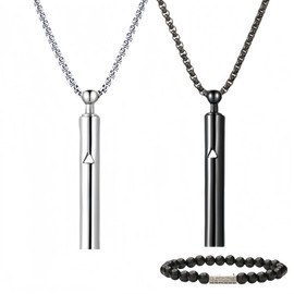 Ruimestron 2PCS Breathing Necklace for Anxiety Relief Adjustable Chains Stainless Steel Whistle Jewelry for Mindfulness & Focus(3 Sizes)(Black+Silver)