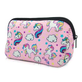 AJLTPA Cosmetic Bag Waterproof Neoprene Zipper Pouch Travel Portable Toiletry Makeup Bags Organizer Case for Women and Girls, Pink Unicorn