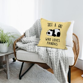Liosei YUESHARE Just A Girl Who Loves Pandas Panda Bear Throw Pillow Cover 18 x 18 Inch, Panda Bear Lover Gifts for Home Room Bed Sofa Bedroom Decorations Decor（Yellow）