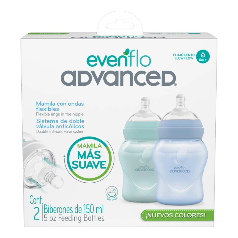 Pack x2 Biberones Evenflo 150ml Flujo Lento 0m+ 2 Piezas