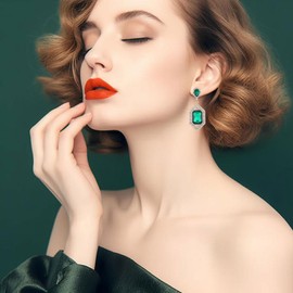 Met-edianger Emerald Green Rhinestone Statement Earrings Vintage Retro Geometric Earrings Crystal Drop Dangle Earrings for Women