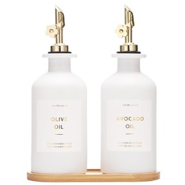 HOMCDALY Olive Oil Dispenser for Kitchen, 11.8oz Glass kitchen Dispenser Bottle, Gold Oil&Vinegar Cruet Set, Leakproof Oil Containers for Cooking| Set of 2 (11.8oz – Gold)