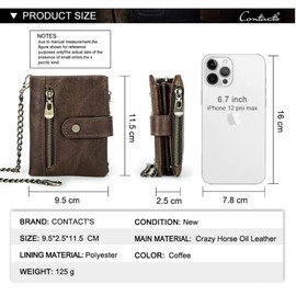 Contacts Chain Wallet for Men Anti-Theft Biker Wallet Crazy Horse Leather Bifold Purse Mens Brown Zipper Coin Holder RFID Blocking