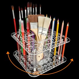 HESHUYU Rotating Paint Brush Holder 92 Holes and Large Compartment 360° Spinning Acrylic Paintbrush Holder Organizer Artist Brush Holder Watercolor Brush Stand Rack