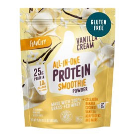 FlavCity Grass Fed Whey Protein Powder - Vanilla Smoothie - 25g Protein & 10g Collagen - Made with Real Vanilla Bean & Organic Coconut Milk - Gluten Free & No Added Sugars (20 Servings)