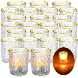 Set of 24 Glass Votive Candle Holders Clear Tealight Candle Holder with Gold Rim Embossed Tealight Holder Tea Light Candle Holders for Table Centerpiece, Wedding, Birthday, Holiday Decoration