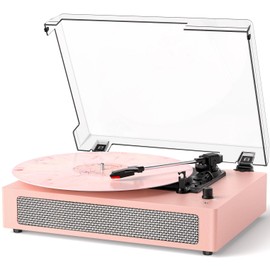 Bluetooth Vinyl Record Player 3-Speed Turntable with Built-in Stereo Speakers, Belt-Drive,RCA Output, AUX in, Auto Stop, Vintage Pink LP Player