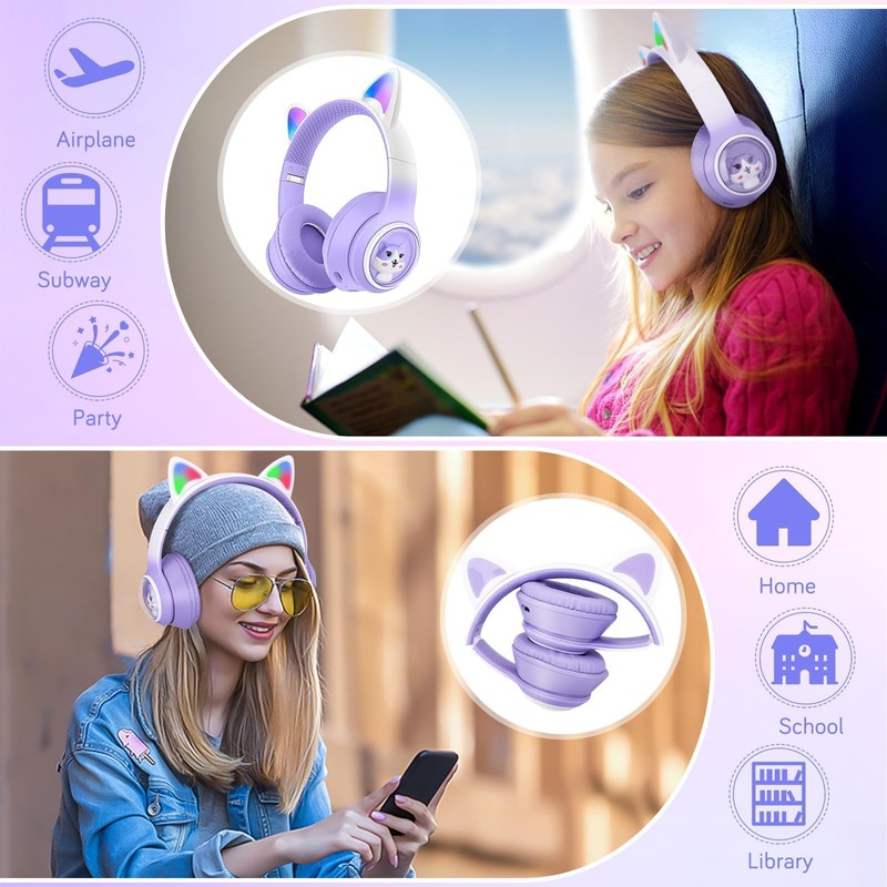 BLAZDEVE Bluetooth Cat Ear Headphones, Foldable Ear LED Light Child